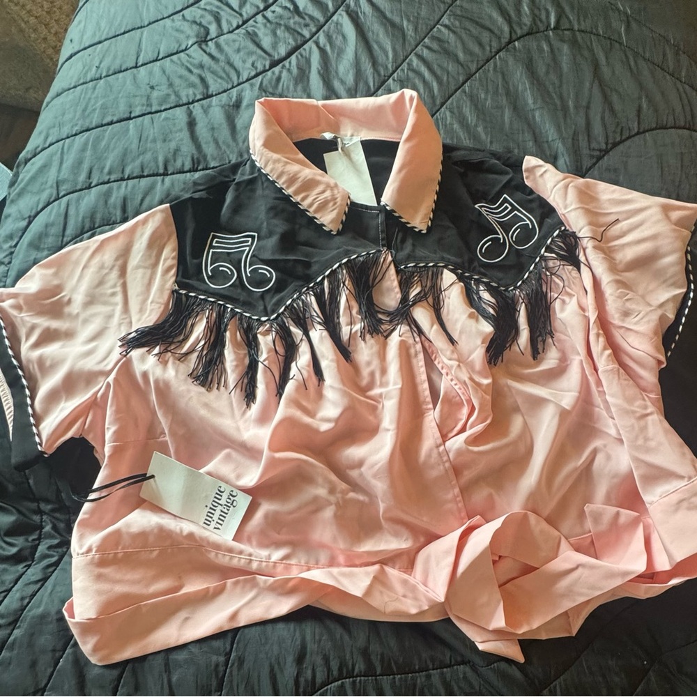 Unique Vintage Black and Pink Crop Top